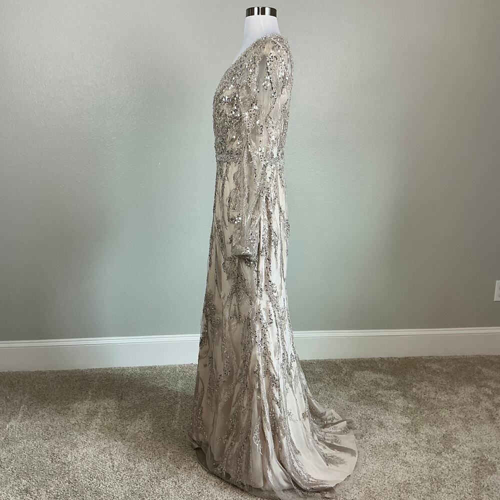 Mac Duggal 20349 Champagne Taupe Evening Gown Sequined Long Sleeve Dress Size 8 - Picture 6 of 12
